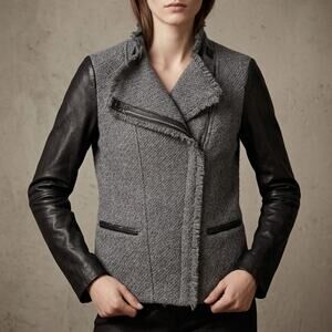 Vince Women’s Wool Leather Moto Jacket Grey Textured Asymmetrical XS